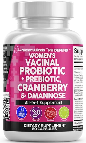 Clean Nutraceuticals Vaginal Probiotics for Women with Cranberry, D-Mannose, Prebiotics, pH Balance Support, Feminine Health, Urinary Tract Cleanse – Capsule Alternative to Gummies – 60 Count 1