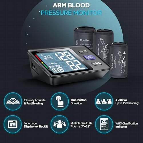 Blood Pressure Machine Upper Arm, 3 Size Cuffs, S, M/L and XL, Small 7"-9", Medium/Large 9"-17" and Extra Large Cuff 13"-21", Accurate Automatic Digital BP Monitor, Large Backlit LCD, 3-User 1500 MEM Black