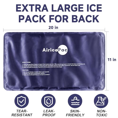 AiricePac Extra Large Gel Flexible Back Ice Packs for Injuries Reusable, 11”x 20” Cold Pack Wrap for Knee Leg Neck Shoulder Hip Back Pain Relief, Cold Compress Therapy for Swelling, Bruises, Surgery XXL 1 PACK 1.0