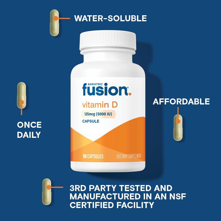 Bariatric Fusion Vitamin D3 5000 IU | Easy to Swallow Bariatric Vitamin D Capsule| One Per Day | Support Bone Strength and Calcium Absorption* | Post Bariatric Surgery | 90 Capsules Unflavored