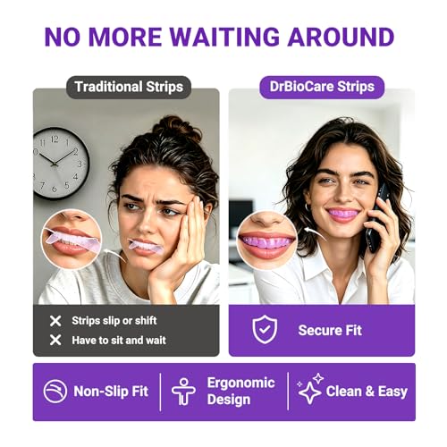 DrBioCare Pap Purple Teeth Whitening Strips for Sensitive Teeth – Peroxide Free, 20% Larger for Full Coverage, Non-Slip, Enamel Safe – Helps Remove Coffee & Wine Stains – 28 Strips (14 Treatments) 1 Count (Pack of 28)