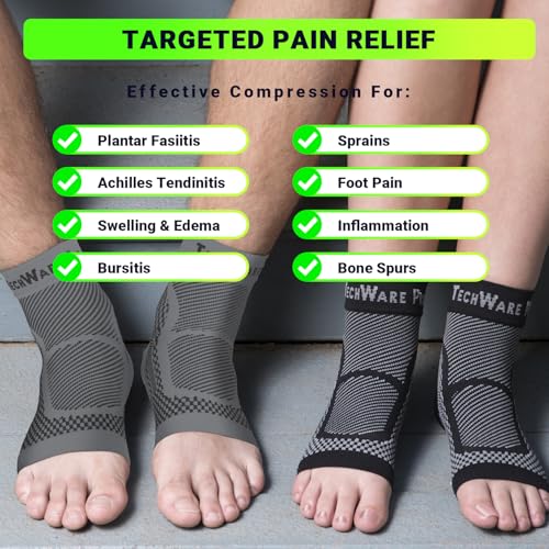 TechWare Pro Ankle Brace Compression Sleeve - Plantar Fasciitis Sock. Relieves Achilles Tendonitis. Foot Arch Support Reduces Joint Pain, Swelling & Heel Spur Pain. Injury Recovery Braces for Sports Gray L / XL (see size chart)