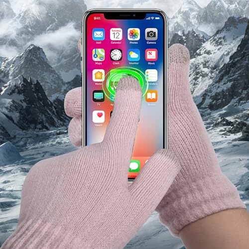 Winter Beanie Hat Scarf Gloves Set for Women, Classic Beanie with Removable Pom Pom Long Scarf Touchscreen Gloves 3 in 1 Set Pink