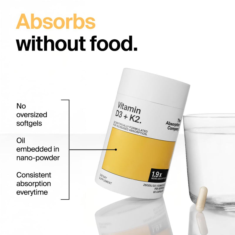 The Absorption Company Vitamin D3 K2-60 Muscle Support Capsules - 5000iu | Bioavailable Heart Health Aid, Workout & Sore Recovery Supplement, Bone & Immune Health Vitamins, 1.9x Higher Absorption