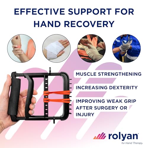 Rolyan Ergonomic Hand Exerciser with Padded Handle, Adjustable Squeeze Tool, 4 Pairs of Rubber Bands for Progressive Resistance, Improves Hand Grip Strength in Fingers, Hand, & Thumb, Black