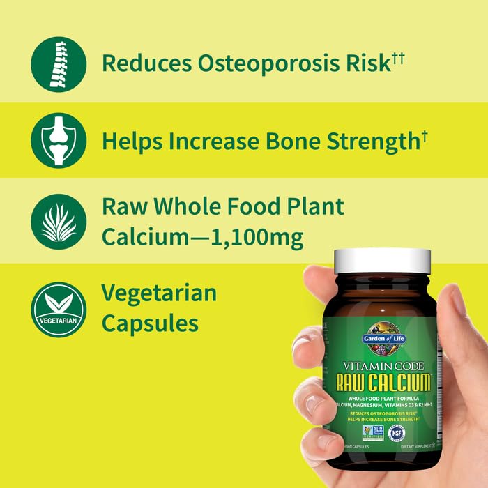 Garden of Life Raw Calcium Supplement for Women and Men - Vitamin Code Made from Whole Foods with Magnesium, K2, Vitamin D3 and Vitamin C Plus Probiotics for Digestion, 60 Capsules 60 Count (Pack of 1)