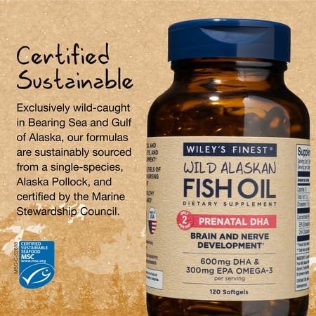 Wiley's Finest Wild Alaskan Fish Oil Prenatal DHA, 120 Count (Pack of 1) | Prenatal Softgels, 300 mg EPA and 600 mg DHA, Supports Brain and Nerve Development - For Pregnant Women and Nursing Mothers 120 Count (Pack of 1)