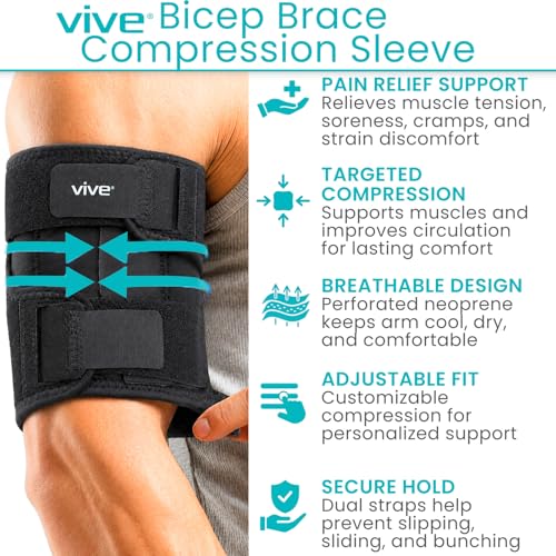 Vive Bicep Brace Compression Sleeve for Tendonitis - Upper Arm Tricep Black Medium