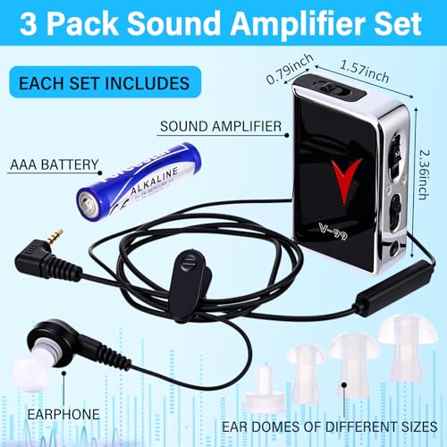 Geiserailie 3 Pack Personal Hearing Amplifiers Sound Amplifier Pocket Voice Hearing Enhancement Device with 8 Volume Levels and Headphones for Seniors Sound Gain of 50db, up to 100 Feet Away