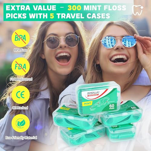 300 Count Mint Floss Picks – Dental Flossers with 5 Travel Cases, Helps Prevent Cavities, Remove Plaque & Freshen Breath – Premium Toothpicks for Family