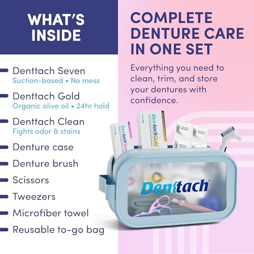Denture Starter Kit, 9 Piece Kit Includes Denttach Seven Thermoplastic Denture Adhesive, Gold Denture Adhesive, Clean Tablets, Case, Brush, Scissors, Tweezers, Microfiber Towel & Travel Case