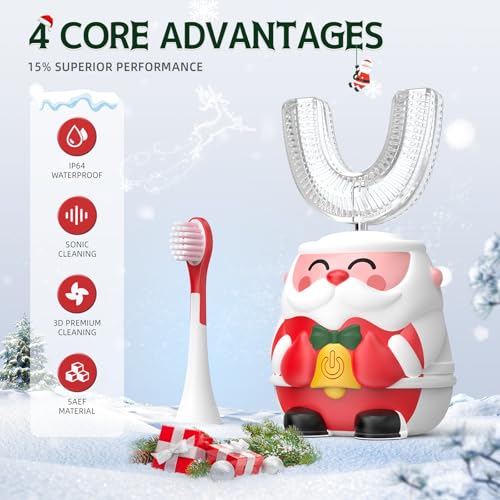 Kids U-Shaped Electric Toothbrush with 4 Brush Heads, Sonic Toothbrush Kids with 5 Modes & 60s Timer, Cartoon Santa Claus 360-Degree Cleaning, IP64 Waterproof & Dustproof (Ages 2-6)