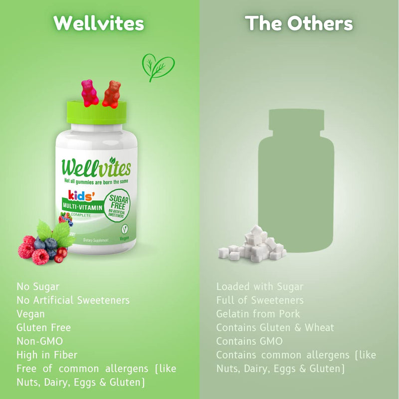 Wellvites Kids Multivitamin Gummies - Sugar Free, Vegan, Non-GMO, Vitamin A, D, B6, B12 and C - No Artificial Sweeteners, Gluten-Free, Gelatin-Free - 60 Count (30 Day Supply) Kids' Multi