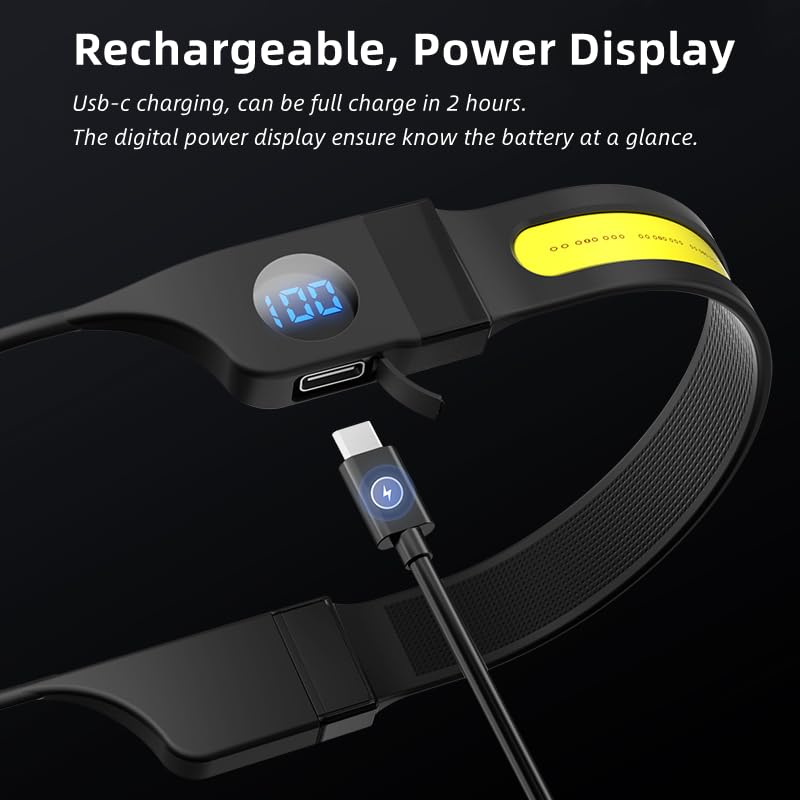 LED Headlamp Flashlight, High Lumens 230° Broadbeam Headlight, USB Rechargeable Head Lamp with Digital Power Display, Lightweight Waterproof Headlamps for Camping Running Hiking, Flexible Silicone pack of 2