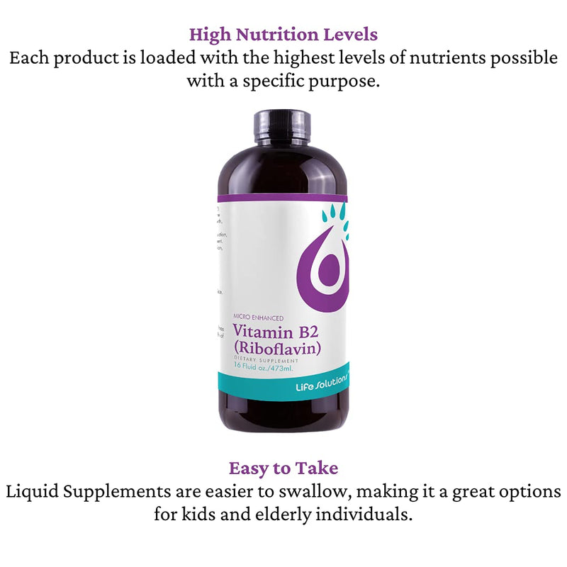 Life Solutions Vitamin B2 Liquid Dietary Supplement with 50mg Riboflavin | Per Serving, Highly Bioavailable, Pharmacist Formulated, Rapid-Sorb Technology, for Efficient Nutrient Absorption, 16 fl oz