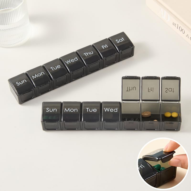 Weekly Pill Organizer 7 Day, Daily Medicine Planner with Large Compartments, Portable Vitamin and Supplement Organizer Case, Travel Friendly Design (Black)