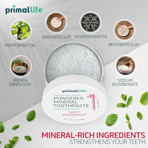 Primal Life Organics - Dirty Mouth Toothpowder, Tooth Cleaning Powder, Flavored Essential Oils with Natural Kaolin & Bentonite Clay, Good for 200+ Brushings, Organic, Vegan (Sweet Peppermint, 1 oz) Sweet Peppermint 1 Ounce (Pack of 1)