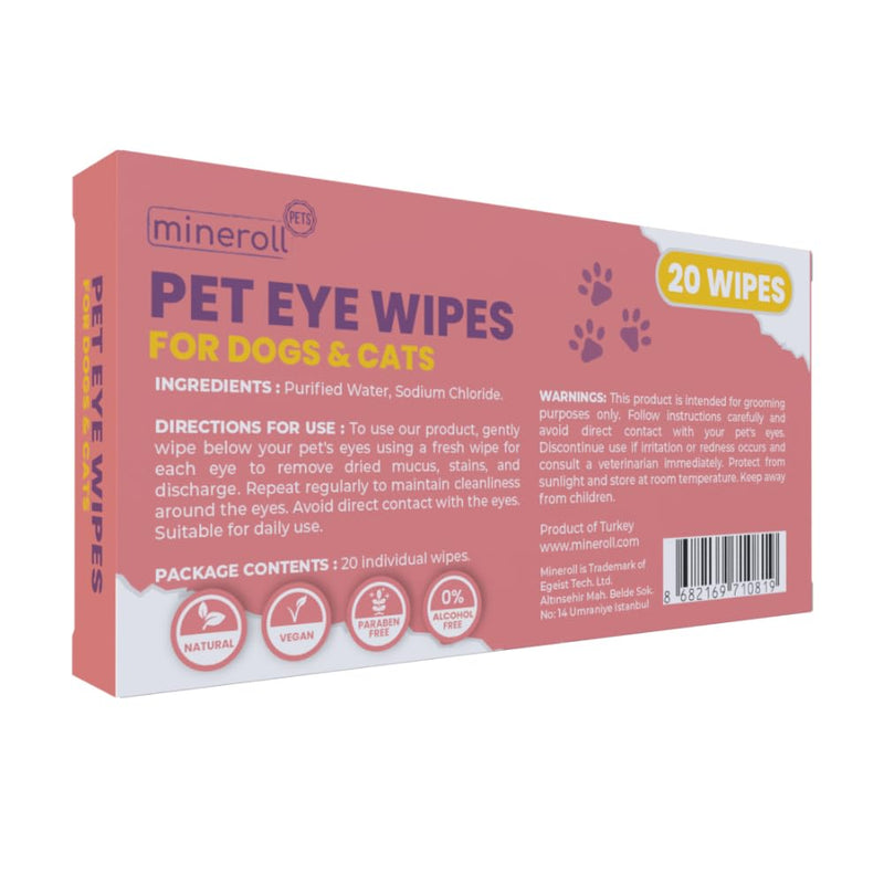 Pet Eye Wipes for Dogs & Cats - Individually Wrapped, Gentle Tear Stain Remover, Fragrance-Free, Alcohol-Free, Vegan, Soft Fabric - 20 Count