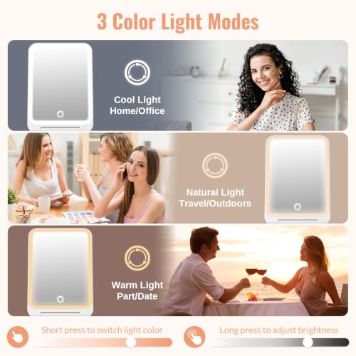 Travel Makeup Mirror with Lights, Rechargeable, 1X/3X Magnification, White