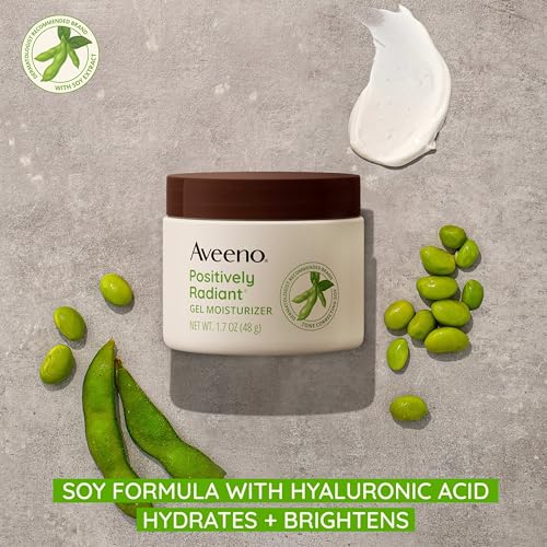Aveeno Positively Radiant Daily Gel Facial Moisturizer with Hyaluronic Acid & Tone-Correcting Soy,Hydrating & Brightening Gel Face Cream Evens Skin Tone-& Texture,Hypoallergenic,1.7 oz,(Pack of 2) 1.7 Fl Oz (Pack of 2)