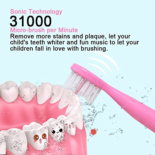 OJV 8620 Musical Electric Toothbrushes for Kids Children, 3 Modes 2 Min Timer, 6 Bristles Rechargeable Power Smart Sonic Music Play Song Toothbrush for Girls Age 3-14 with Wall Mounted Holder (Pink) Pink