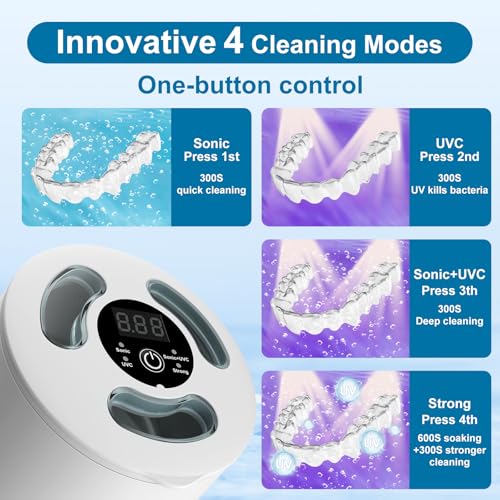 HYCHIKA Ultrasonic Retainer Cleaner Machine with UV,4 Modes,45kHz,200ML Dental Clean Pod for Retainers,Night Guards,Dentures etc.,Iceberg White
