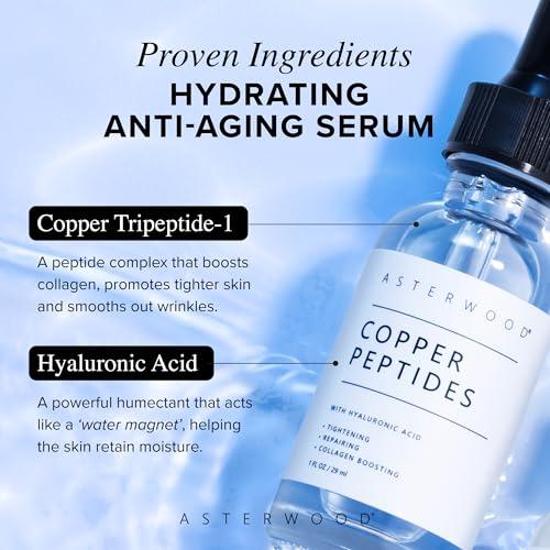 Asterwood Copper Peptides Serum for Face, GHK-Cu Peptide w/Hyaluronic Acid 1 Fl Oz (Pack of 1)