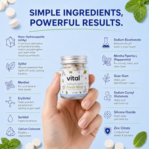 Vital Toothpaste Tabs with 7% Nano-Hydroxyapatite | Naturally Whitens + Remineralizes Teeth | Fluoride & Plastic Free | Combats Sensitivity | Travel & Eco Friendly | Fresh Mint | 248 Tablets (4 Month) 248 Count (Pack of 1)