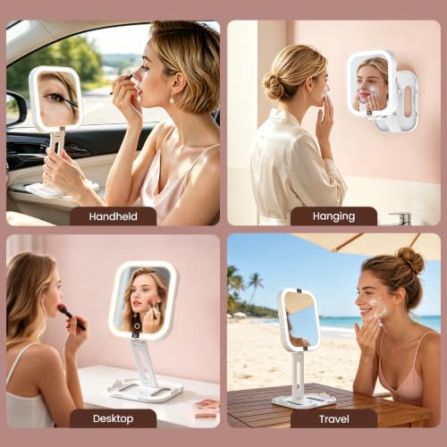 Travel Makeup Mirror with Lights,1X/10X Magnifying Mirror Foldable