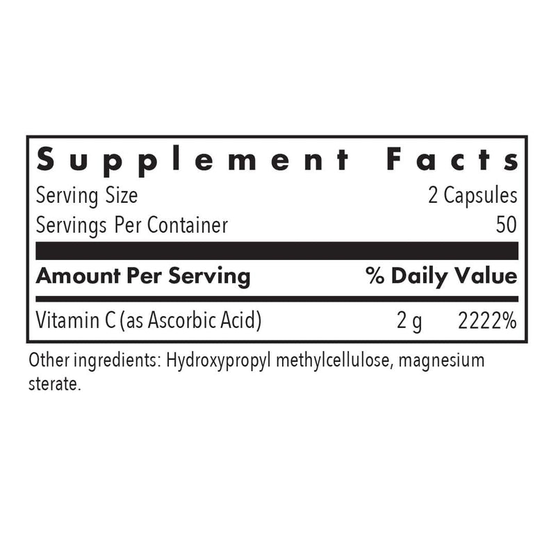 ARG Pure Vitamin C 2 g Ascorbic Acid, Immune Support, 100 Capsules | Unbuffered Hypoallergenic Ascorbic Acid Capsules for Antioxidant and Immune System Support, 50 Servings