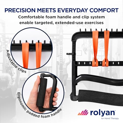 Rolyan Ergonomic Hand Exerciser with Padded Handle, Adjustable Squeeze Tool, 4 Pairs of Rubber Bands for Progressive Resistance, Improves Hand Grip Strength in Fingers, Hand, & Thumb, Black