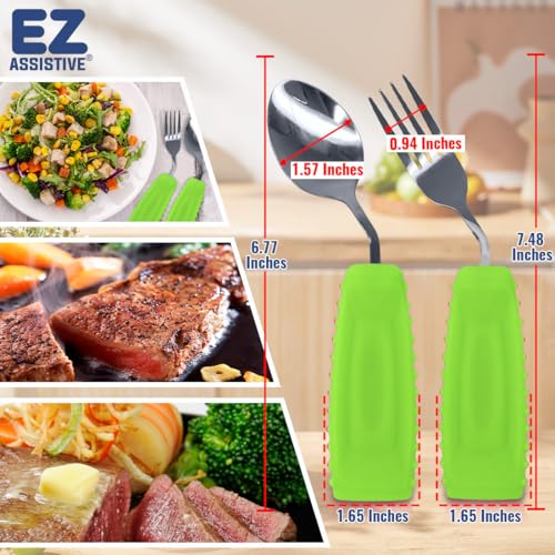 EZ Assistive Adaptive Weighted Utensils Set – Spoon and Fork for Hand Tremors, Parkinson’s, Elderly, and Arthritis – Adaptive Eating Utensils for Weak Grip and Limited Mobility Right Hand - 1 Set Green Spoon and Fork