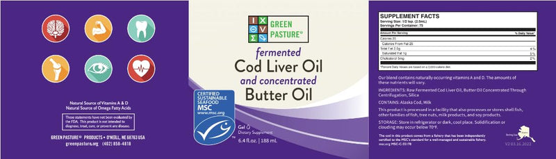 Green Pasture Butter Oil/Fermented Cod Liver Oil Blended Gel - 6.4 oz.- Unflavored - BeesActive Australia