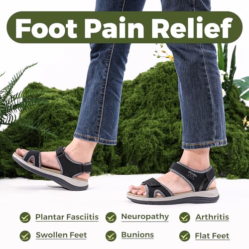 FitVille Women's Orthopedic Wide Sandals Casual Arch Support Flat Sandals 8 Wide Black