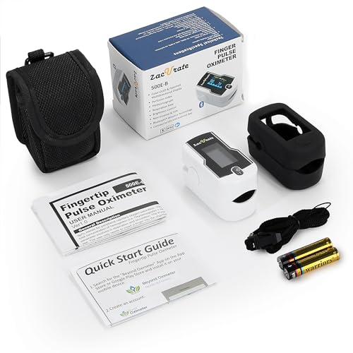 Zacurate 500E-B Wireless Bluetooth Fingertip Blood Pulse Oximeter Monitor with FREE App, SpO2, Heart Rate, Plethysmograph, and Perfusion Index Finger Oxygen Sensor Meter