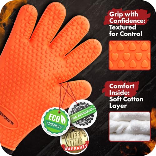 KITCHEN PERFECTION Smoker BBQ Grill Gloves -High Heat Resistant Oven Mitts Orange One Size Fits Most