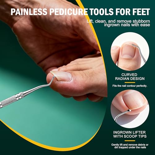 FVION Toenail File for Thick Nails and Toenail Lifter, 2pcs Stainless Steel Nail File and Ingrown Relief Set, Heavy Duty Metal Emery Board for Seniors, Men & Women Pedicure Tool (Green) Green Handle