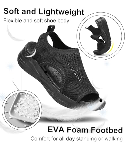 Womens Comfortable Orthopedic Sandals Arch Support Ladies Walking Sport Athletic Sandals Open Toe Slip On Plantar Fasciitis Platform Dress Sandal 2 Inches Heel 9 Black