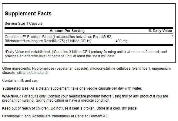 Swanson Stress Support Probiotic with Cerebiome, 60 Veg Capsules | Cerebiome Delivers 3 Billion CFU from Two Strains, Working Along the Gut-Brain Axis to Calm Mood and Body