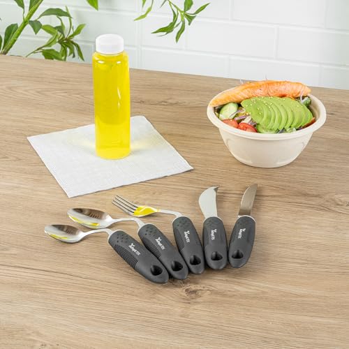 Restaurantware Adaptive Utensils - 1 count Stainless Steel, 9.84 x 5.12 x 1.57 Inches, Ergonomic Eating Aids, Non-Slip Utensil Set for Arthritis, Secure Grip Design, Black 5-Piece, Right Hand