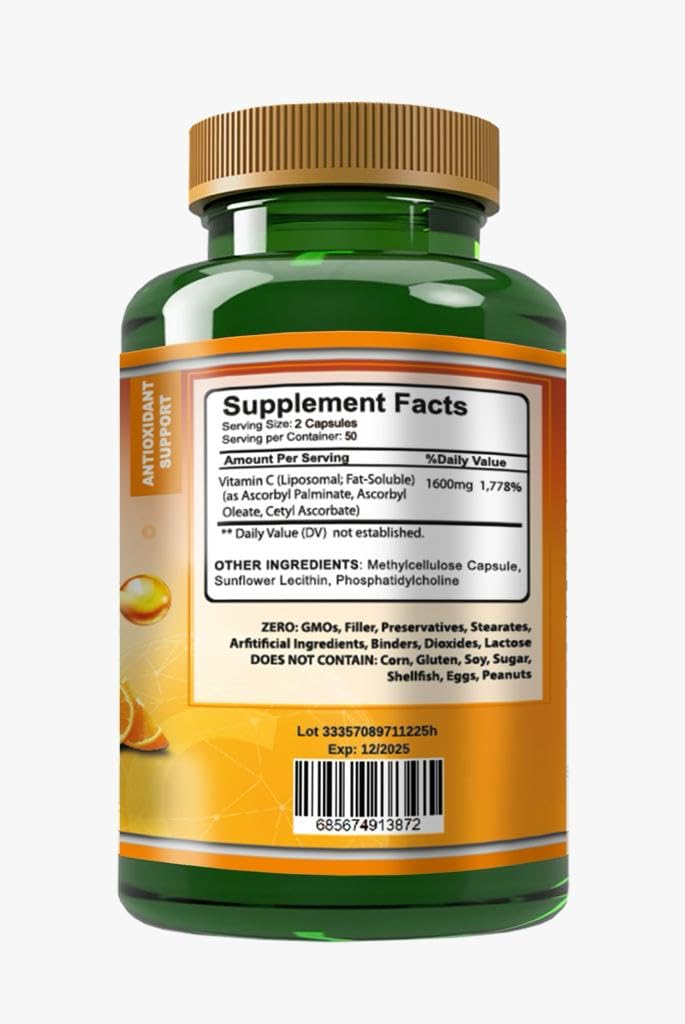 VITAMISAN Liposomal Vitamin C - 100 Capsules - High Absorption Ascorbic Acid - May Support Immune System & Collagen Reinforcement no GMO Powerful Antioxidant (Pack of 2) 100 Count (Pack of 2)