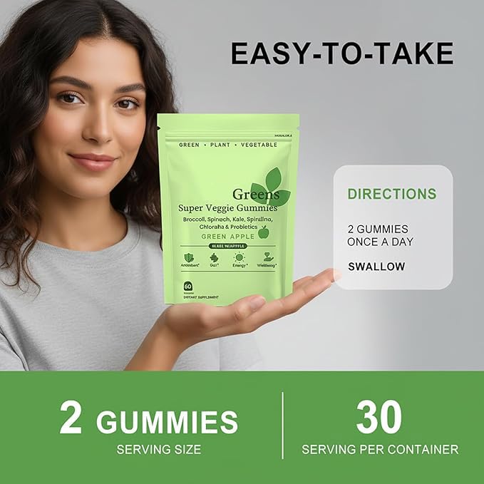 WonderGreens Super Greens Gummies with Probiotics & Multivitamins,Green Apple Veggie Gummies for Energy Gut & Immune Support Gummy 60 Count