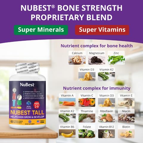 NuBest Tall Kids - Multivitamins & Minerals for Age 2 to 9 - Bone Strength & Immunity Support - Helps Kids, Toddlers Healthy - Animal Shapes - 60 Chewable Berry Tablets | 1 Month Supply Mixed Berries 60 Count (Pack of 1)