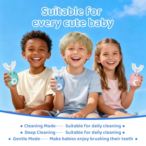 Kids U Shaped Electric Toothbrush, with 3 Cleaning Modes, with 4 Brush Heads, 360° Sonic Automatic Toothbrush, IPX7 Waterproof Cartoon Dinosaur Design (Ages 2-12) Dark Blue+c