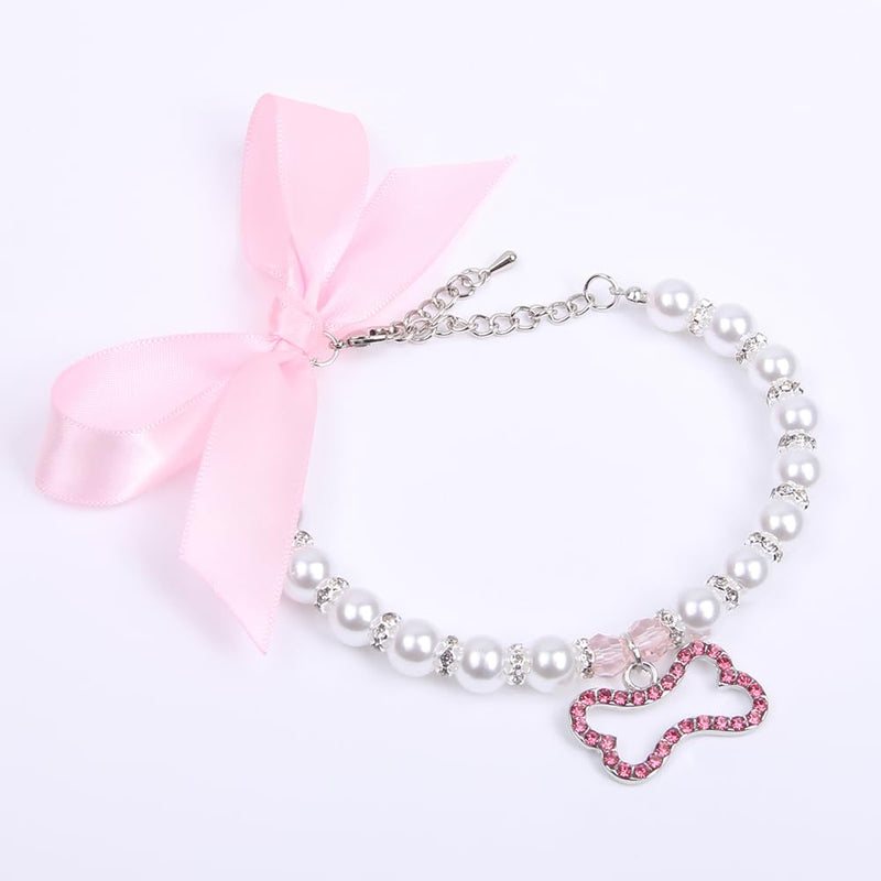 Dog Cat Pearls Necklace Collar with Rhinestones Bone Charm Pendant Pet Puppy Jewelry Accessory (Pink, Small) Pink - BeesActive Australia