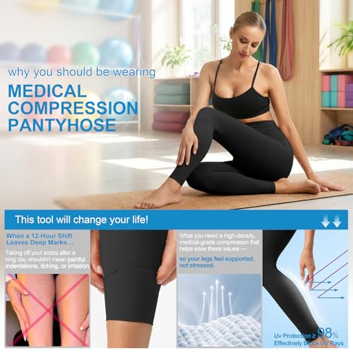 20-30 mmHg Waist High Footless Graduated Compression Pantyhose Large Black