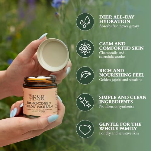 R&R Collective Frankincense Tallow Face Moisturizer – 100% Grass-Fed Whipped Beef Tallow Balm for Dry, Sensitive Skin, Eczema & Psoriasis – Handmade Natural Skincare – 2 oz