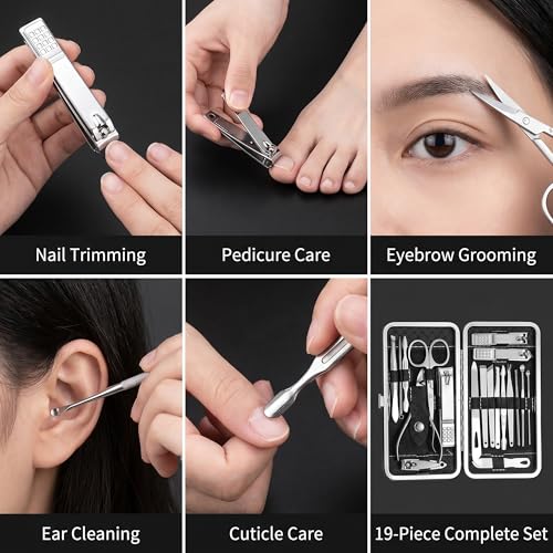 19-Piece Nail Clippers Set: Professional Fingernail & Ingrown Toenail Clipper Cutters for Men and Women – Stainless Steel Grooming Kit with Stylish Leather Travel Case! (Black-19Pcs) Black-19pcs