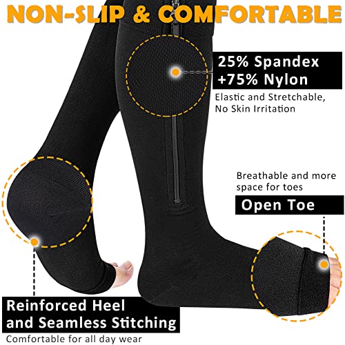 CASMON 15-20mmHg Zipper Compression Socks for Women and Men, Knee High Compression Stockings, Medical Open Toe Support Socks for Varicose Veins, Post-surgery, Swelling, Nurses, Pregnancy (1 Pair) X-Large Black