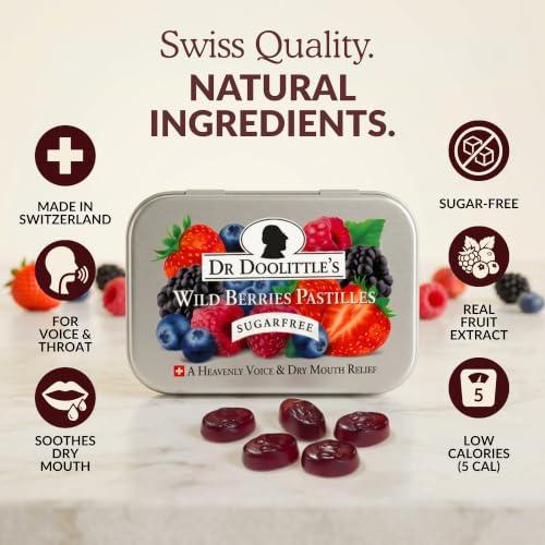 Dr. Doolittle’s Sugar Free Soft Fruit Pastilles for Voice and Throat, Wild Berries Flavor, 2.12 Ounce Tin, Approximately 25 Count Package, 6 Pack
